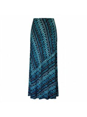 Matty M Maxi Skirt Tribal Blue Green Geometric Pattern Stretch Waist Lightweight